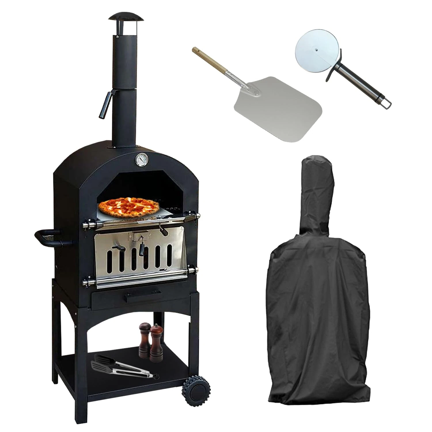 KuKoo Outdoor Pizza Oven Portable Charcoal BBQ Garden Smoker Pizza Maker Stainless Steel Chimney Vent Temperature Gauge Shelf Includes FREE Protective Rain Cover, Pizza Peel, Stone and Cutter