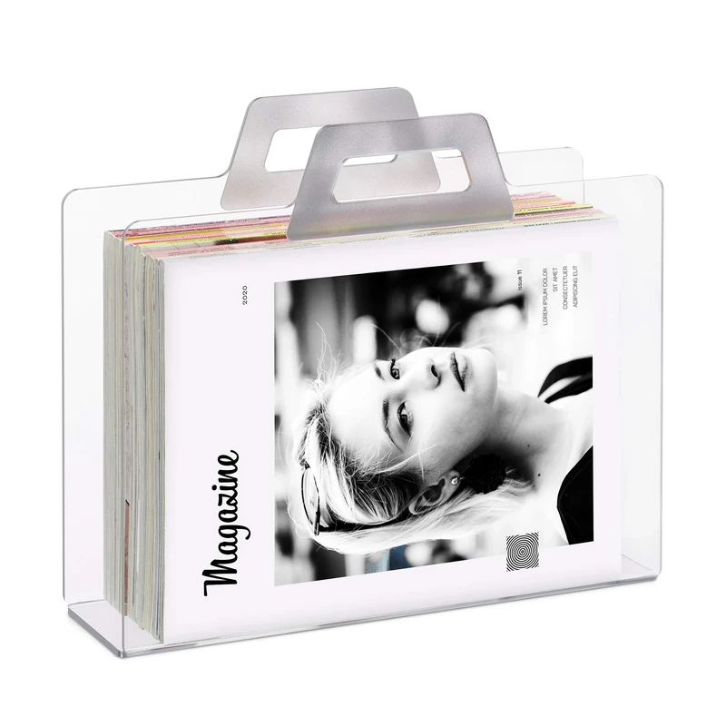 Relaxdays Magazine Rack & Newspaper Basket, Catalogue Holder, 2 Handles, Acrylic, HxWxD 29x33x10cm, Transparent, Silver