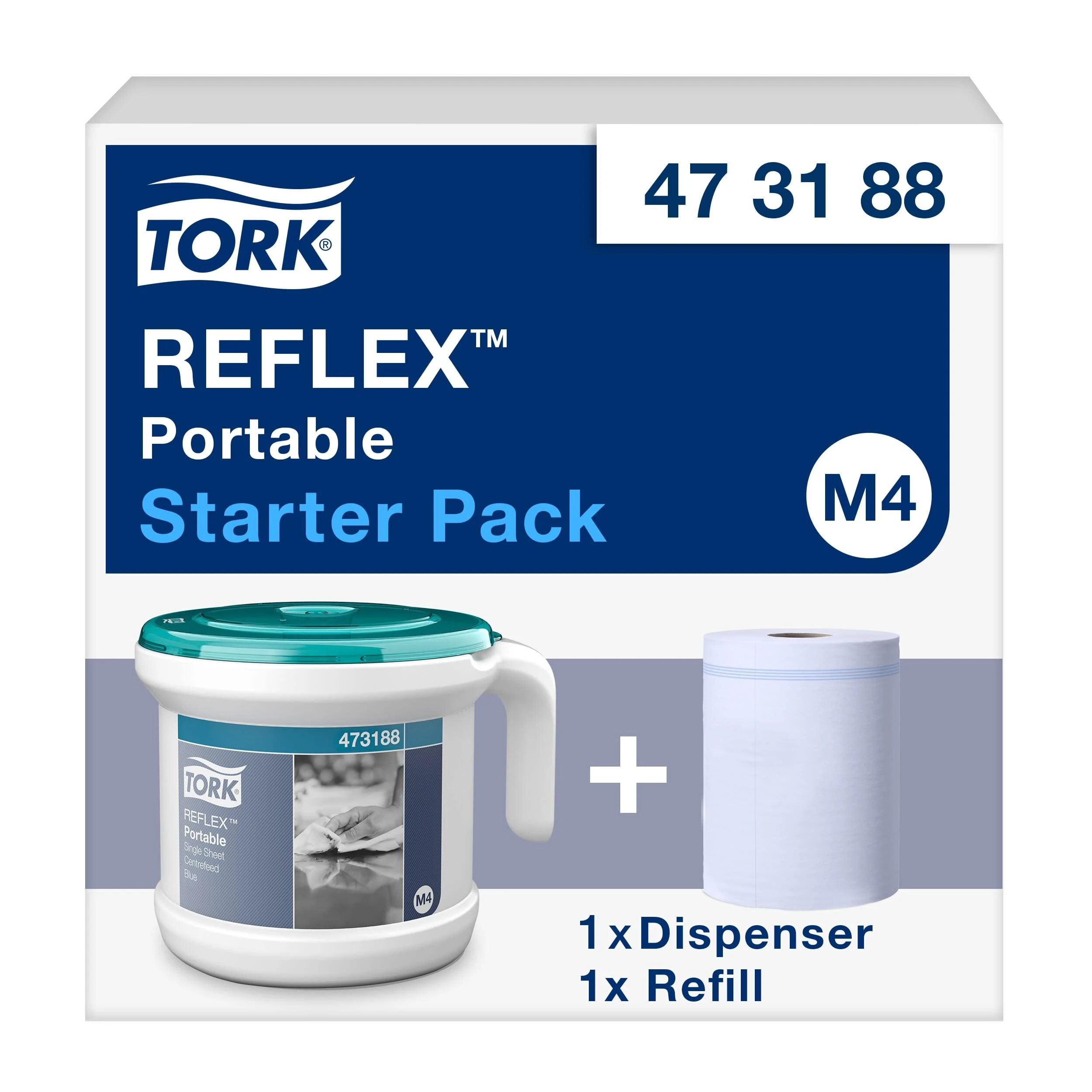 Tork Reflex Centrefeed Paper Towel and Dispenser White and Turquoise M4, Portable, 1 Pack, 473188