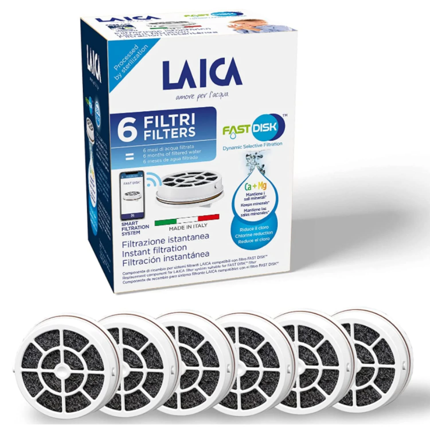 LAICA Fast Disk Water Filter Cartridges, 6 Month Pack (6 x 30 Day Filters)- Instant Active Carbon Filter, Reduces Chlorine, Pesticides, Microplastics, Chlorinated Organic Solvents.
