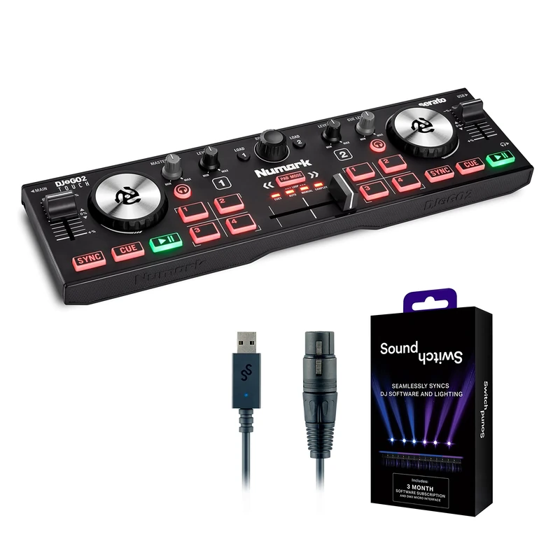 DJ Controller & DMX Bundle - DJ Controller with 2 Decks, DMX Interface & Serato DJ Lite – Numark DJ2GO2 Touch & SoundSwitch Micro DMX Interface