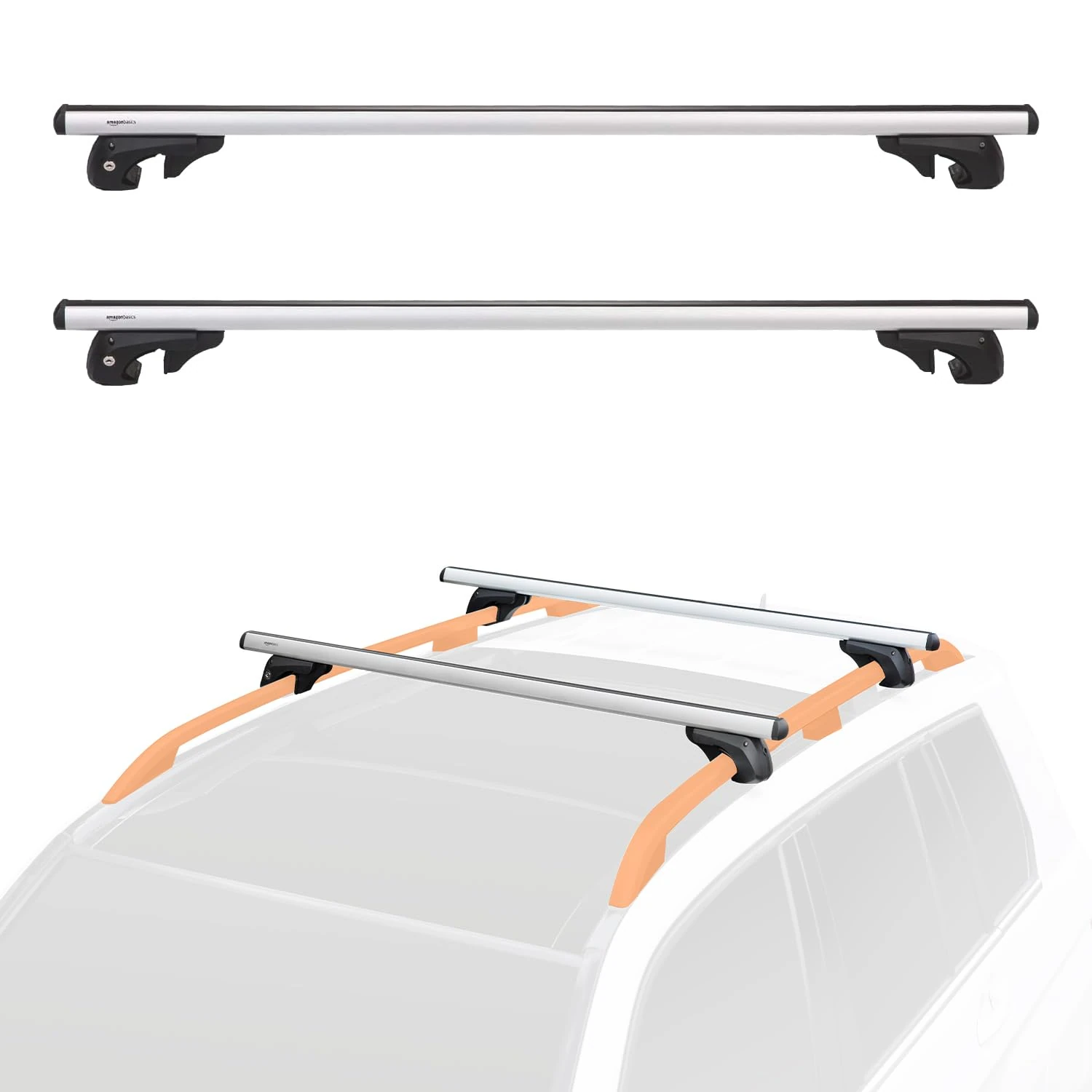 Amazon Basics Cross Rail Roof Rack, 132 cm, Fits up to 117 cm Spans between Raised Side Rails with Gap, Pack of 2, Black/Silver