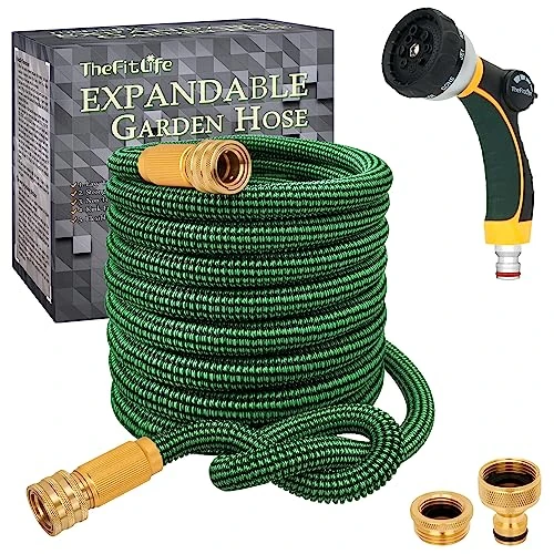 TheFitLife Expandable Garden Hose Pipes - EU Standard Strong 13-Layer Latex Inner and Solid Brass Fittings 3 Times Expanding Flexible Water Hose Kink Free Easy Storage Nozzle Contains (22m)