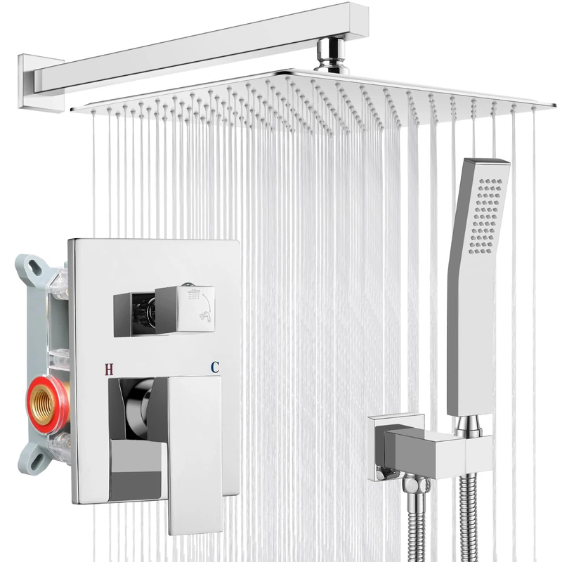 gotonovo Rainfall Bathroom Shower System Rain Shower Head and Handle Set Wall Mounted Shower Complete Combo Solid Brass Pressure Balancing Shower Mixer Valve 12 Inch Polished Chrome