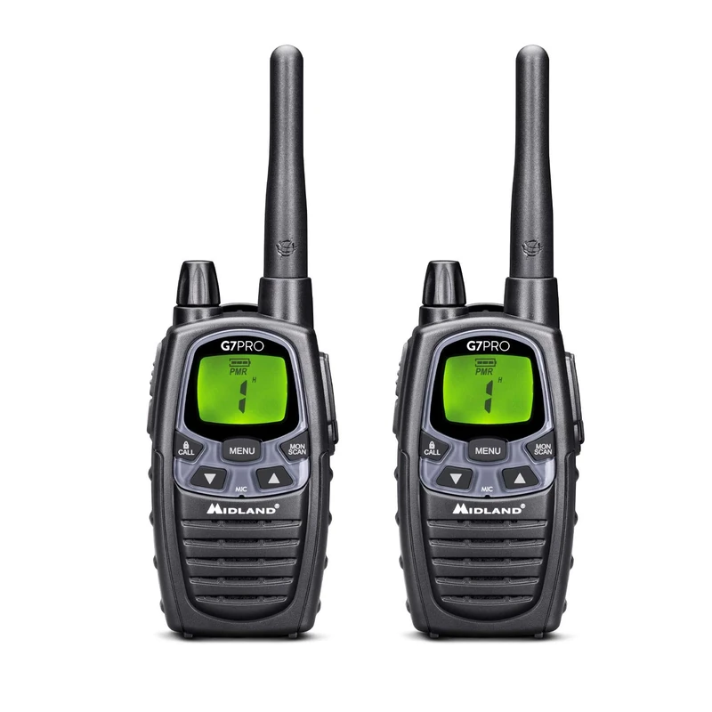 Midland - 2 Walkie Talkies G7 PRO, Walkie Talkie for Airsoft & Outdoor Use, 2 Way Radio 85 Channels - 16 PMR446/69 LPD Licence-Free, 10Km Range, 18H Battery Life, Rechargeable Batteries & Accessories