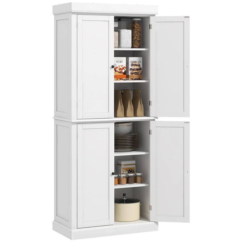 HOMCOM 184cm Freestanding Kitchen Cupboard with 4 Doors, Modern Storage Cabinet Organizer with 6-Tier Shelving and 4 Adjustable Shelves, White