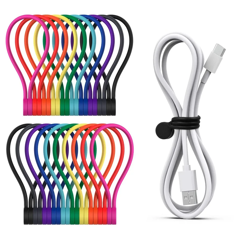 Smart&Cool Reusable Magnetic Cable Ties for Bundling and Organizing Holding Stuff, Headphone Cables, USB Charging Cords, Whiteboard Fridge Magnets, Silicone Cord Winder 10 Colors - 20 Pack