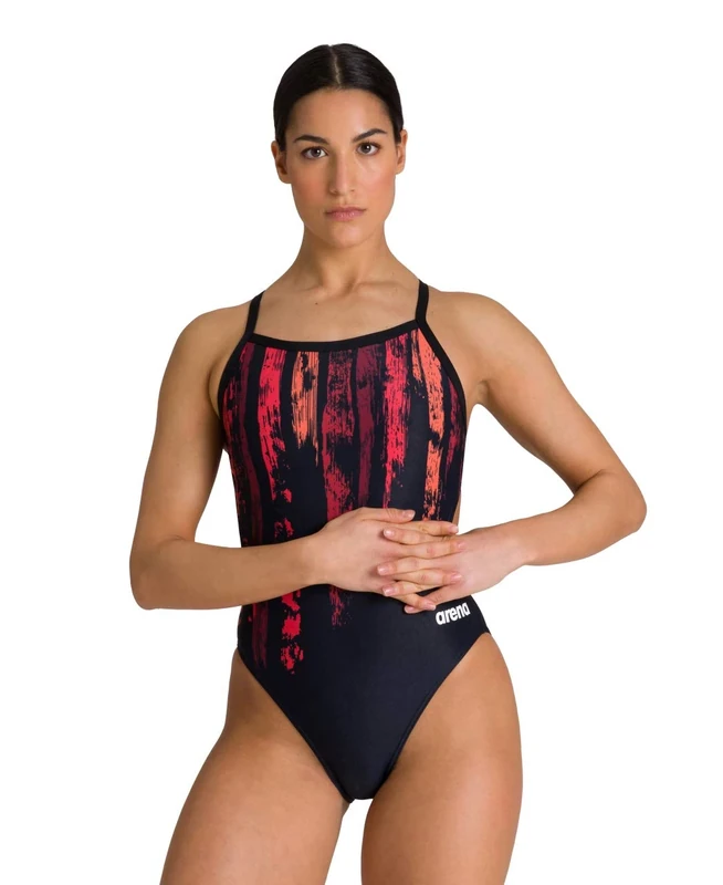 Arena Women's Standard Print Challenge Back One Piece Swimsuit, Team Painted Stripes Black/Red, 32