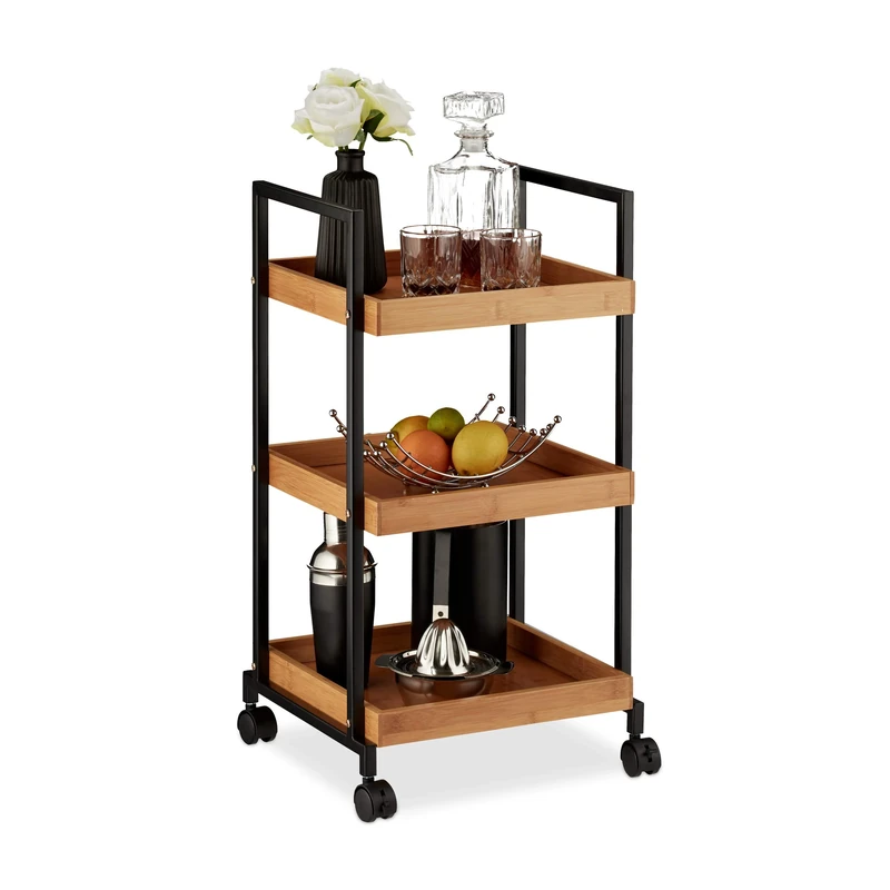 Relaxdays 10027598 Serving Trolley, Modern Kitchen Cart, Bamboo & Iron, 3 Tiers, Square, 4 Castors, 69.5 x 37 x 34 cm, Natural, Plastic, Light Brown, Black