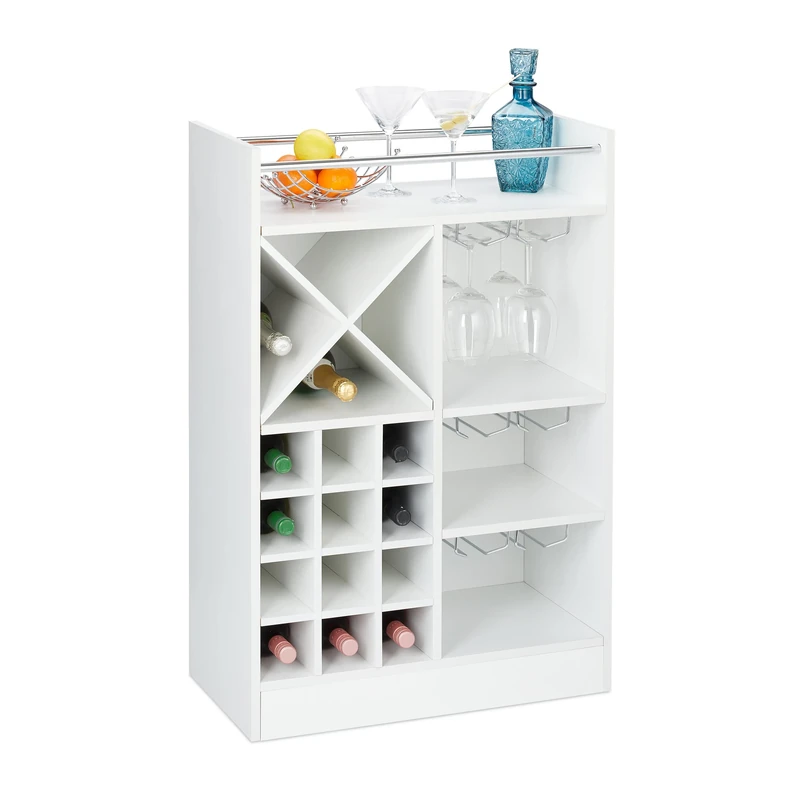 Relaxdays Wine Rack with Glass Holder for 22 Bottles, Freestanding, Prosecco, Home Bar HxWxD: 96 x 63 x 35 cm, White