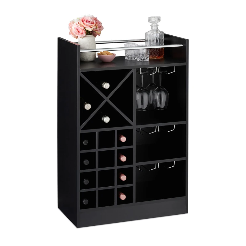 Relaxdays Wine Rack with Glass Holder for 22 Bottles, Freestanding, Prosecco, Home Bar HxWxD: 96 x 63 x 35 cm, Black