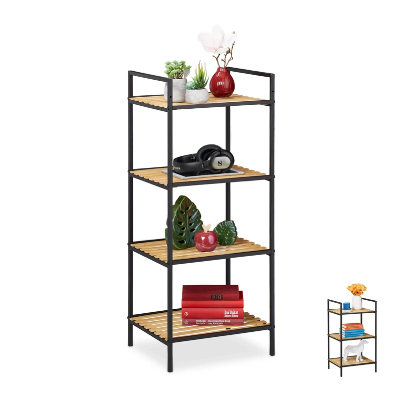 Relaxdays Standing Shelf Unit, 4 Tiers, Bamboo & Metal, Open Bookcase, Hallway, HxWxD: 95 x 39 x 32.5 cm, Brown-Black