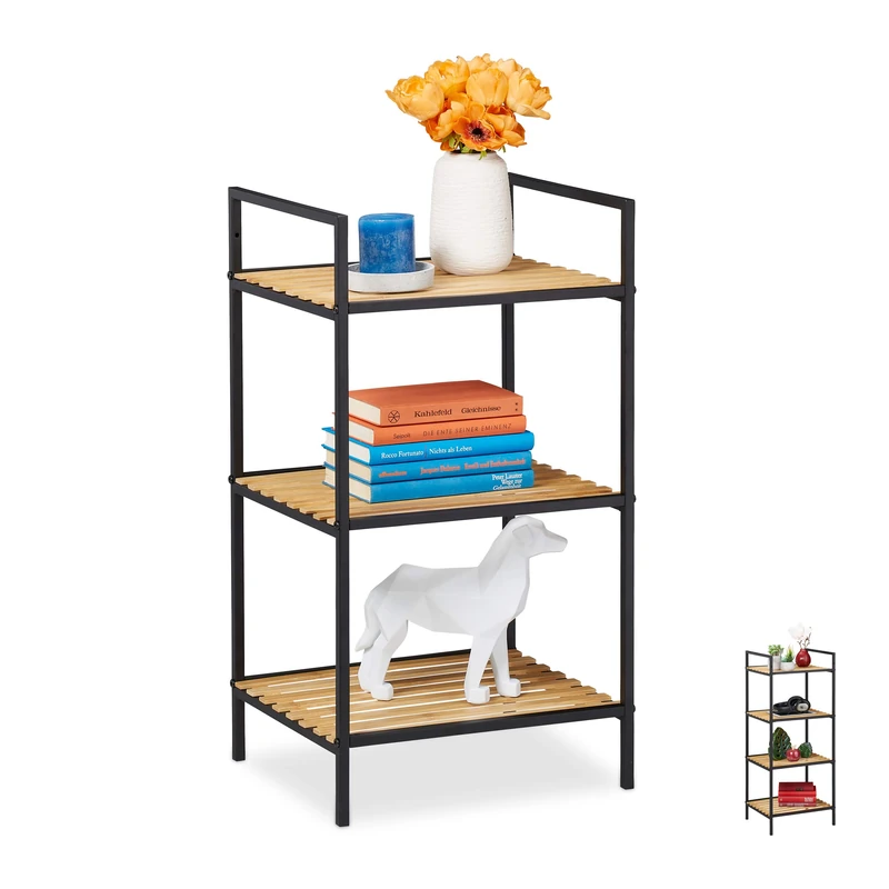 Relaxdays Standing Shelf Unit, 3 Tiers, Bamboo & Metal, Open Bookcase, Hallway, HxWxD: 71 x 39 x 32.5 cm, Brown-Black