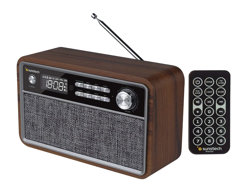 SUNSTECH RPBT500 Compact Wooden FM Radio with Presets, Clock Mode, Dual Alarm, Bluetooth Speaker (v4.2) Powerful Bass, Hands-Free, USB, Micro SD and Aux-in. Includes Remote Control.