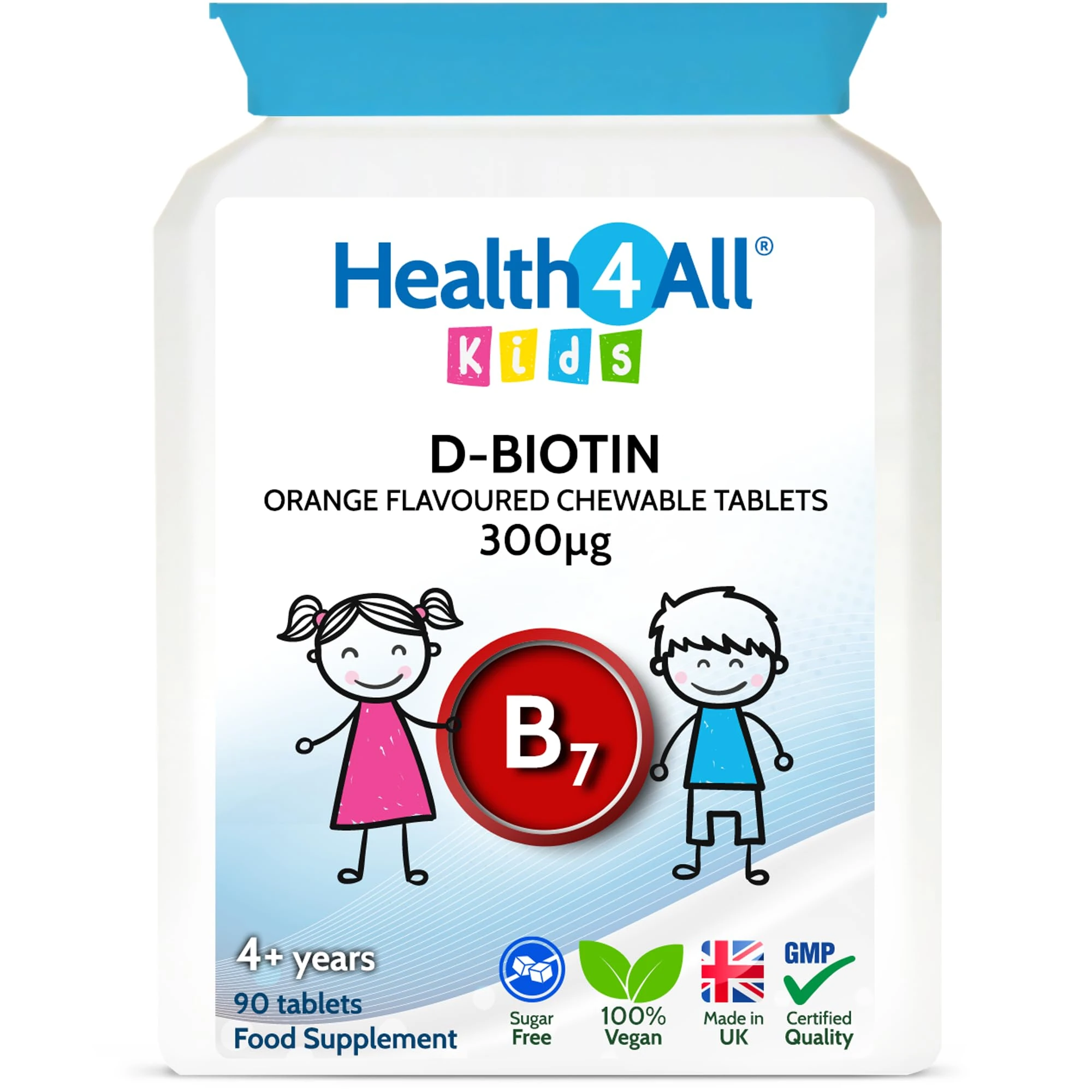 Health4All Kids D-Biotin 90 Chewable Tablets 3 Months Supply, Hair Growth and Strong Nails Supplement for Children 4+, Natural Vegan Orange Flavour, Sugar Free | Made in UK (not Gummies)