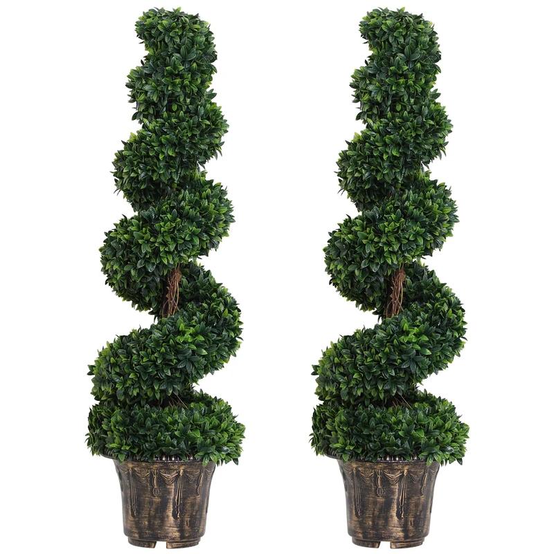 Outsunny Set of 2 Artificial Trees, Artificial Boxwood Spiral Topiary Trees Potted Decorative Plant Indoor Décor 120cm