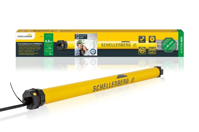 Schellenberg 21106 Rolladenmotor mit Funk Neue Generation, 6 Nm, bis 4 m² Fläche, für 40 mm Rolladenwellen 868.4 MHz Radio Frequency, Smart controllable with Alexa and Google Home, Yellow