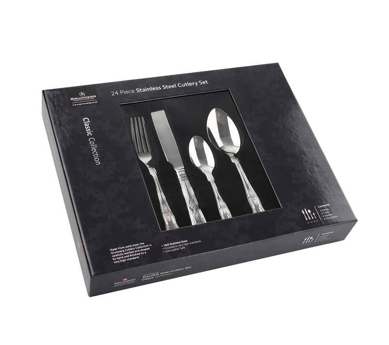 Grunwerg 24BXTNG Tango Pattern 24-Piece Cutlery, Knife, Fork & Spoon Set for 6 with Mirror Finished Stainless Steel