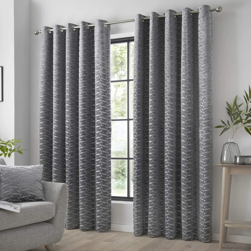 Curtina Luxury Dark Silver Eyelet Curtains W66 x L90 (168 x 229cm) – Grey Jacquard Drapes with Geometric Leaf Design – Thermal Window Treatment for Bedroom & Living Room – 2 Panels