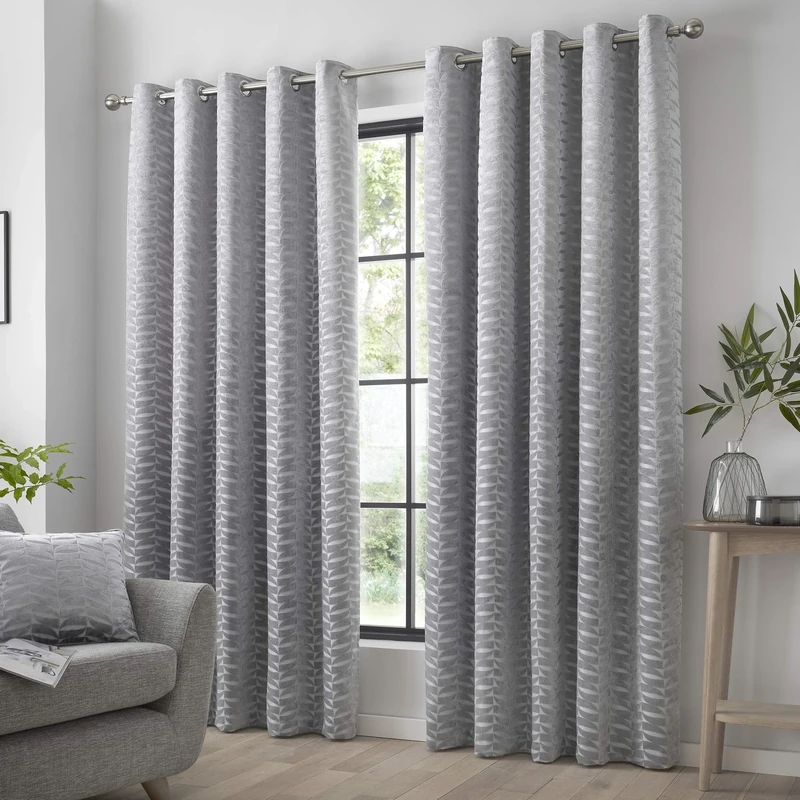 Curtina - Luxury Silver Curtains W66 x L72" (168 x 183cm) - Silver Geometric Curtains - Eyelet Curtains in Silver - Jacquard Curtains & Drapes for Bedroom/Living Room - Silver Leaf/Leaves Curtains