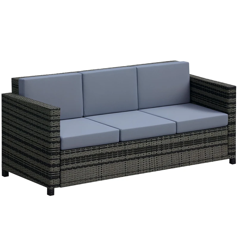 Outsunny 3 Seater Rattan Sofa with 10 cm Thick Padded Cushion, All-Weather PE Wicker Weave Garden Three-seater Bench with Armrests, Mixed Grey