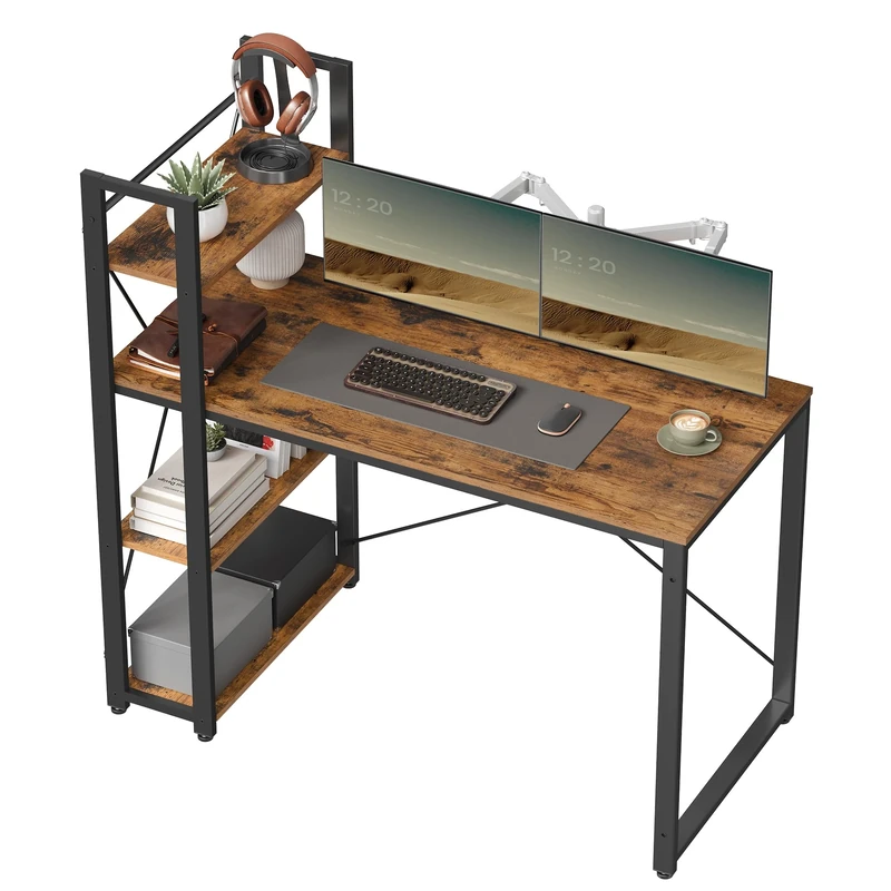 VASAGLE Computer Desk, Writing Desk with Storage Shelves on Left or Right, 120 cm Wide Home Office Desk, for Study, Easy Assembly, Industrial Style, Rustic Brown and Black LWD48X