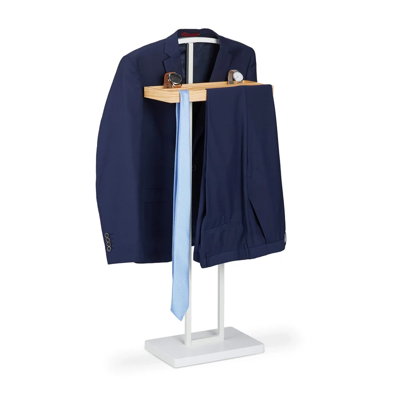 Relaxdays Valet Stand, With Wooden Shelving, Freestanding, Crease-free Suits, MDF & Metal, HWD 102 x 46 x 24 cm, White