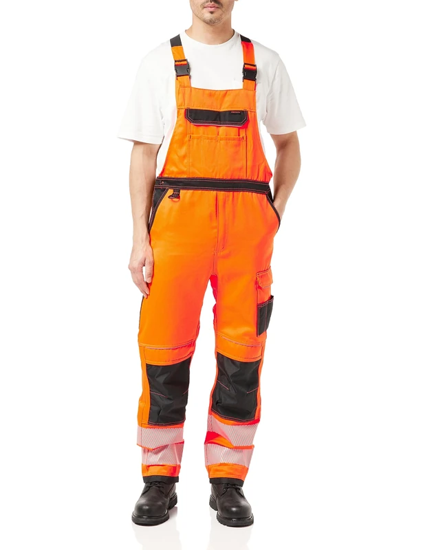 Portwest PW344 Mens Hi Vis Bib and Brace Work Overalls Durable Texpel Stain Resistant Water Resistant Polycotton Dungarees Triple Stitch Multi Pockets Certified Workwear, Orange/Black, Medium