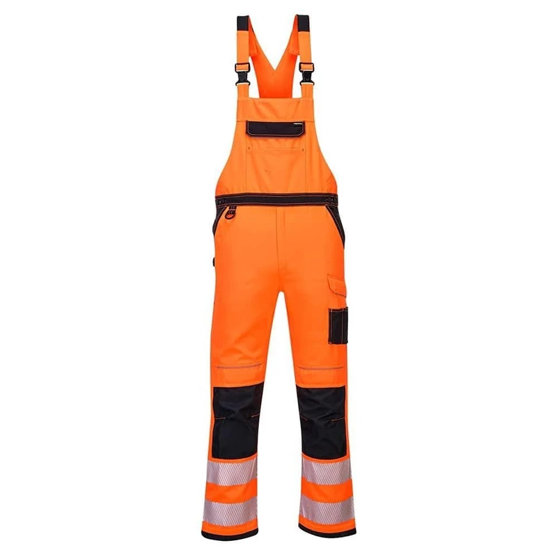 Portwest PW344 Mens Hi Vis Bib and Brace Work Overalls Durable Texpel Stain Resistant Water Resistant Polycotton Dungarees Triple Stitch Multi Pockets Adjustable Certified Workwear, Orange/Black, XXXL