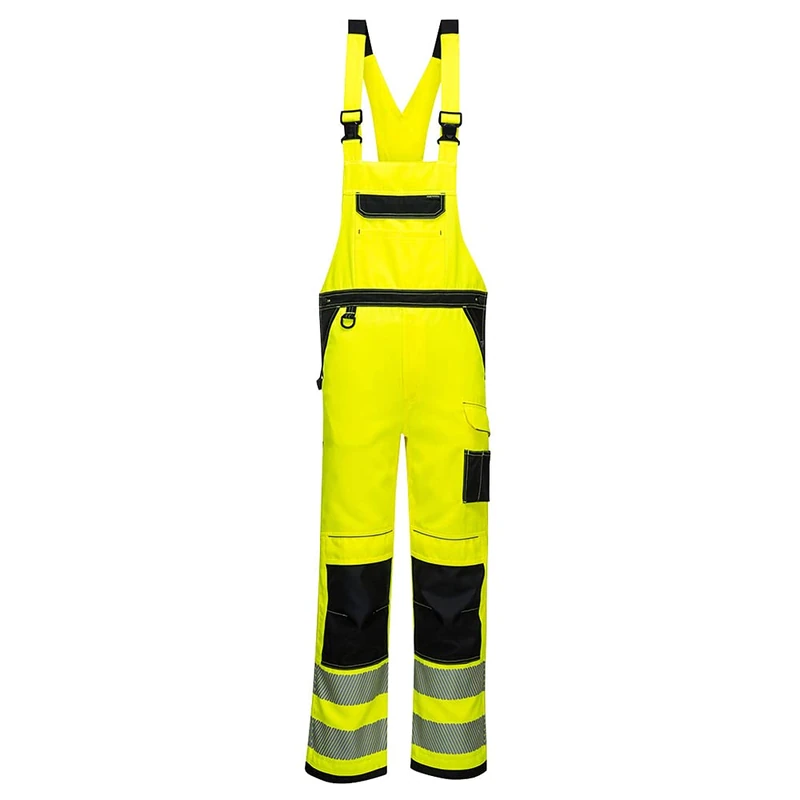 Portwest PW344 Mens Hi Vis Bib and Brace Work Overalls Durable Texpel Stain Resistant Water Resistant Polycotton Dungarees Triple Stitch Multi Pockets Adjustable Certified Workwear, Yellow/Black, XXL
