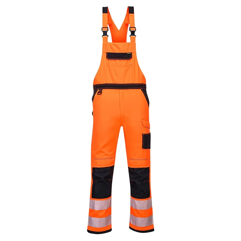 Portwest PW344 Mens Hi Vis Bib and Brace Work Overalls Durable Texpel Stain Resistant Water Resistant Polycotton Dungarees Triple Stitch Multi Pockets Adjustable Certified Workwear, Orange/Black, XXL