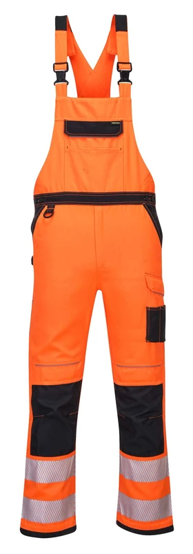 Portwest PW344 Mens Hi Vis Bib and Brace Work Overalls Durable Texpel Stain Resistant Water Resistant Polycotton Dungarees Triple Stitch Multi Pockets Certified Workwear, Orange/Black, Large