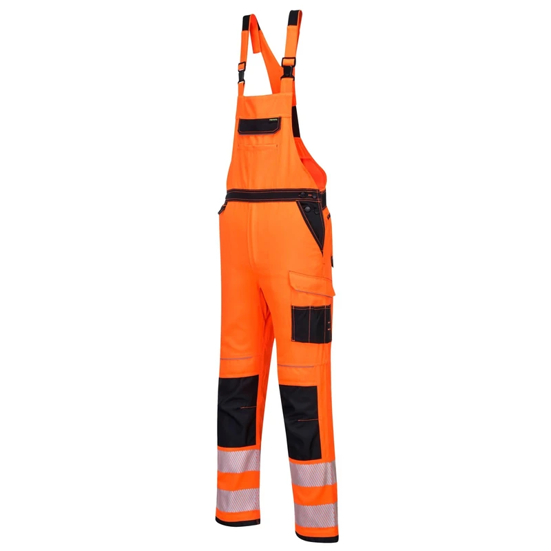 Portwest PW344 Mens Hi Vis Bib and Brace Work Overalls Durable Texpel Stain Resistant Water Resistant Polycotton Dungarees Triple Stitch Multi Pockets Certified Workwear, Orange/Black, Small