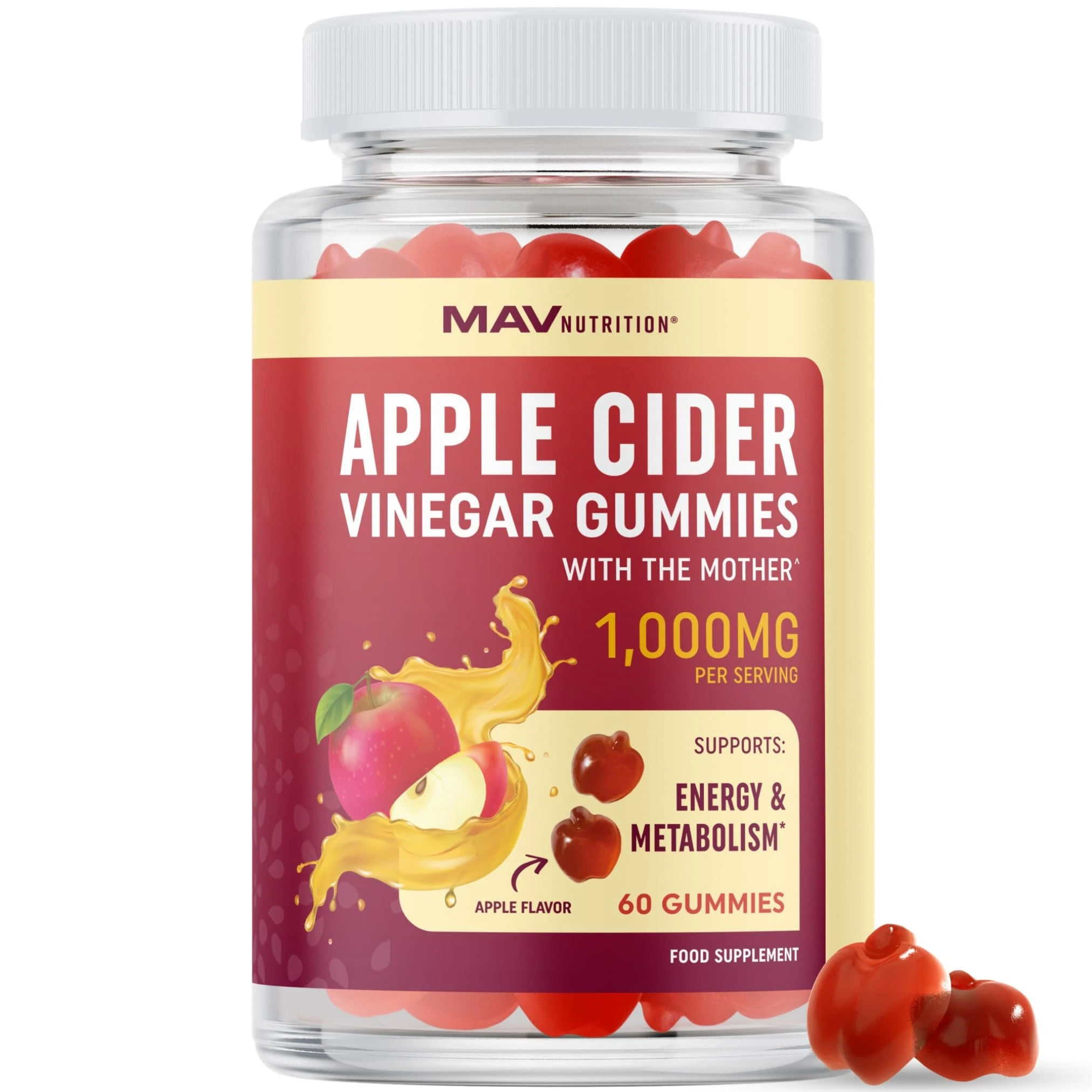Vegan Apple Cider Vinegar Gummy 1000mg with The Mother | Weight Management, Metabolism, Energy & Digestion Support with Vitamin B6 & B12 | Thermogenic ACV Gummies | 60 Apple Cider Vinegar Gummies