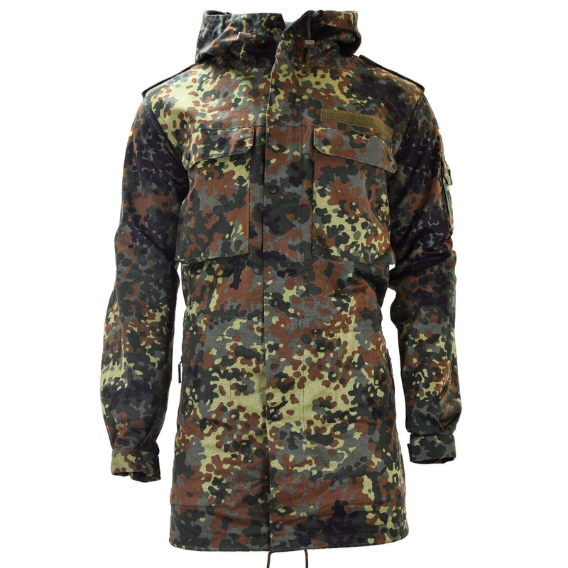 Original German Army Field Jacket Military Issue Hooded Parka Flecktarn Camouflage Combat, Camouflage, Medium long (40" chest)