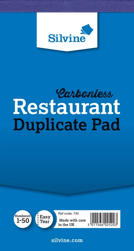 Silvine Carbonless Duplicate Restaurant Pad - Numbered 1-50 with index sheet (150 x 80mm) [Pack of 10] - Image 1