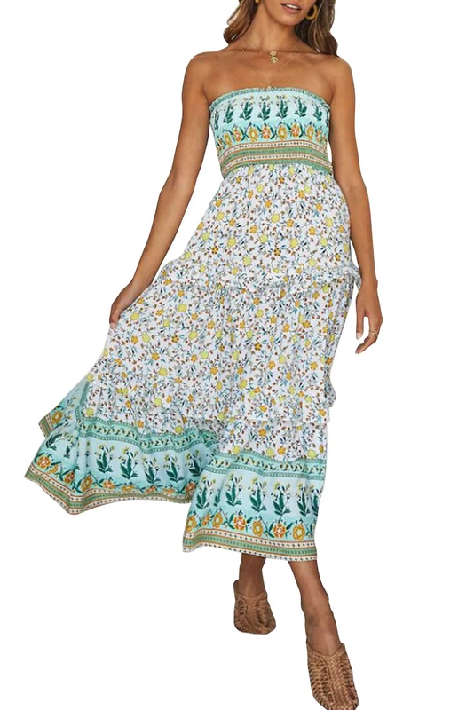ZESICA Women's Summer Bohemian Floral Printed Strapless Beach Party Long Maxi Dress, Light Green, Small