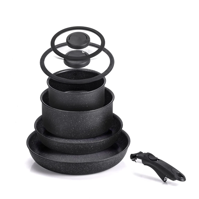 Moneta 7-Piece Silver Aluminum Cookware Set, 1 Removable Handle, 24 & 28 cm Pan, 16 & 20 cm Saucepan, 16 & 20 cm Glass Lid with Silicone Edge (Without Induction)