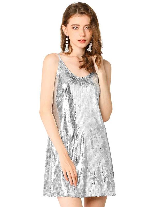 Allegra K Women's Halloween Glitter Sequin V Neck Spaghetti Strap Mini Party Dress Clubwear, Silver, L