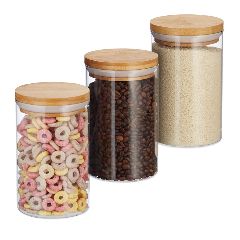 Relaxdays Glass Storage Jars, Set Of 3, Pasta, Coffee, Tea Or Biscuit Jar, 800 ml, HxD 16x9.5 cm, Bamboo, Natural - Image 1