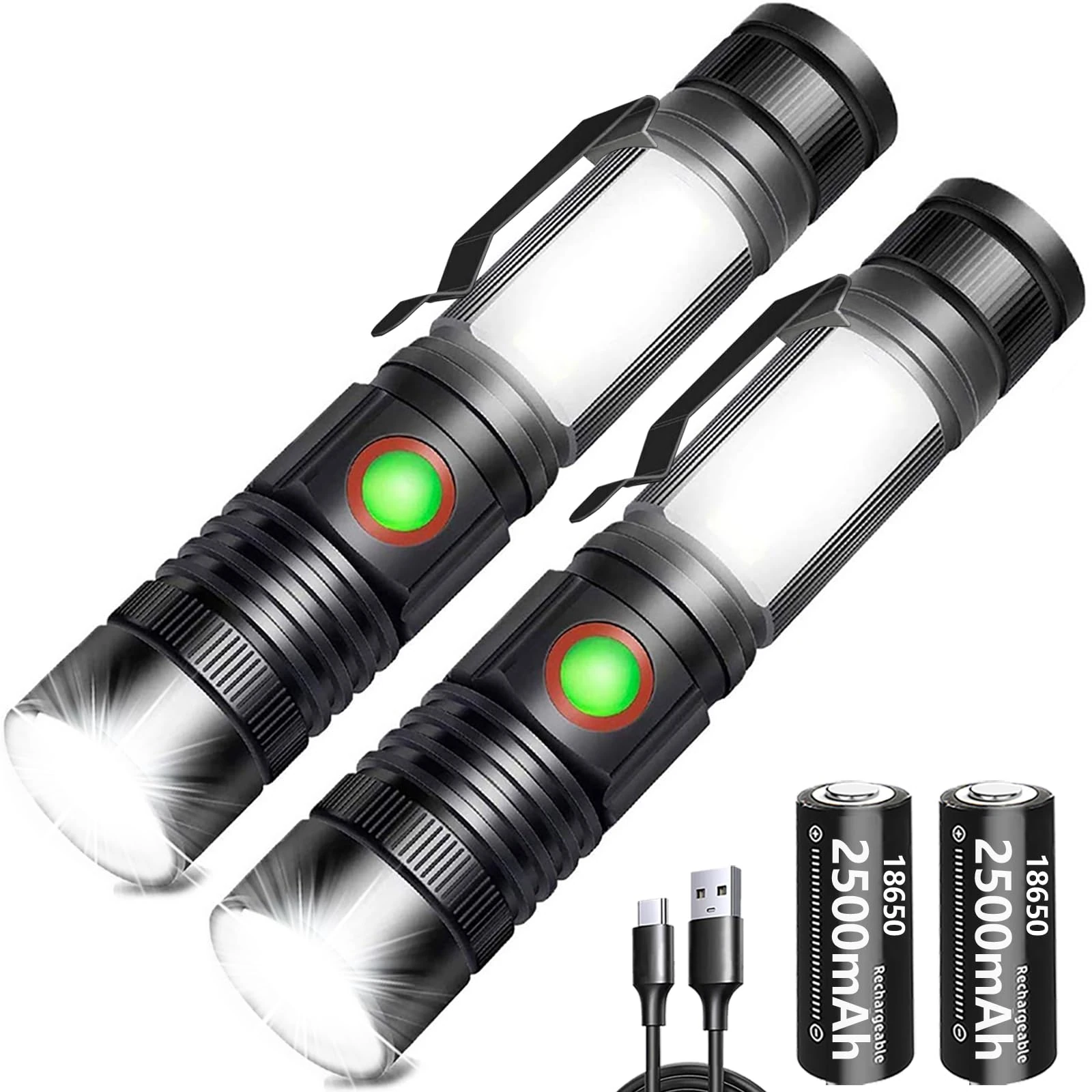 REHKITTZ Torch LED 2000 Lumen Super Bright,2500 mAh High Capacity Rechargeable Pocket Size Torches with Magnet and COB Work Light,Powerful Flashlight for Hiking, Camping, and Walking(2 Pack)