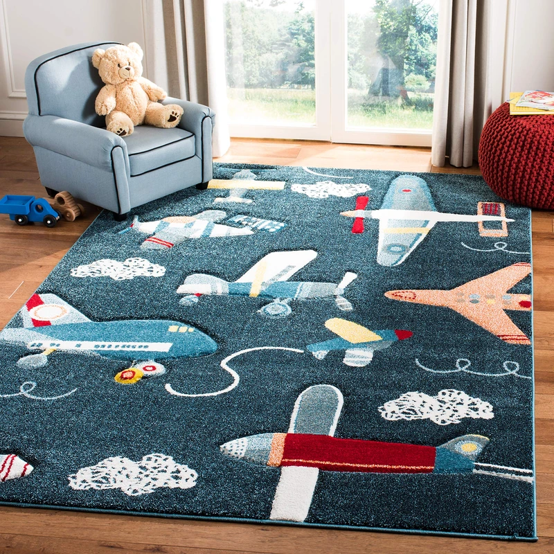 SAFAVIEH Contemporary Rug for Living Room, Dining Room, Bedroom - Carousel Kids Collection, Short Pile, in Navy and Ivory, 122 X 122 cm