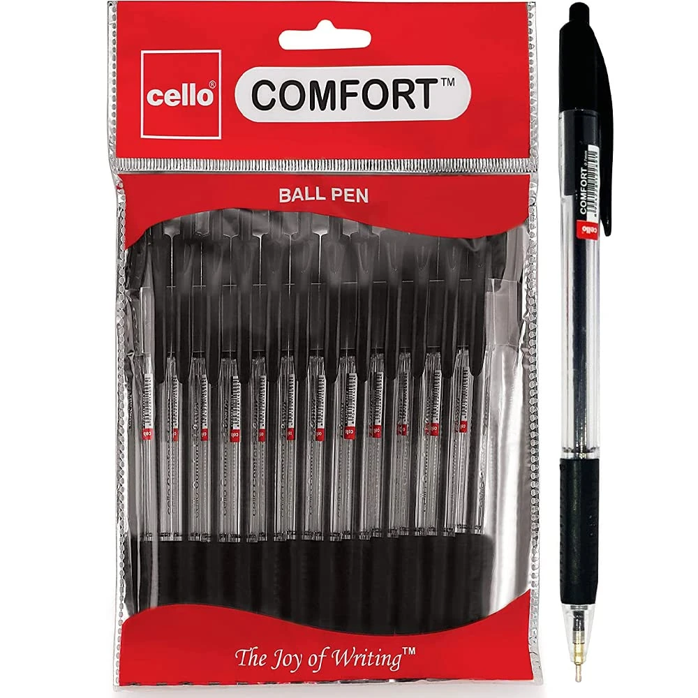 Cello Ballpoint Pens Black Extra Comfort Grip Ball Pens Medium Point Biros Retractable Ballpoint Pens (1.0mm) Black Pen, Pack of 24 | ideal for Office School and Home