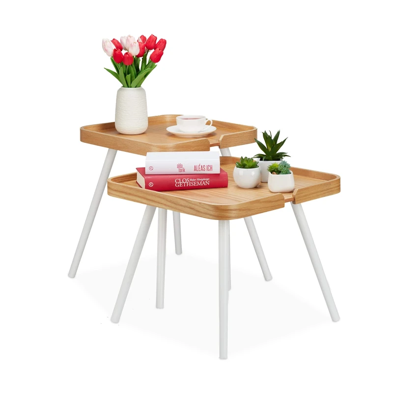 Relaxdays Side Table Set Of 2, Square, Wood, Nightstand, Sofa End Tables With Raised Rim, H 41 & 47.5 cm, Natural/White 10027921