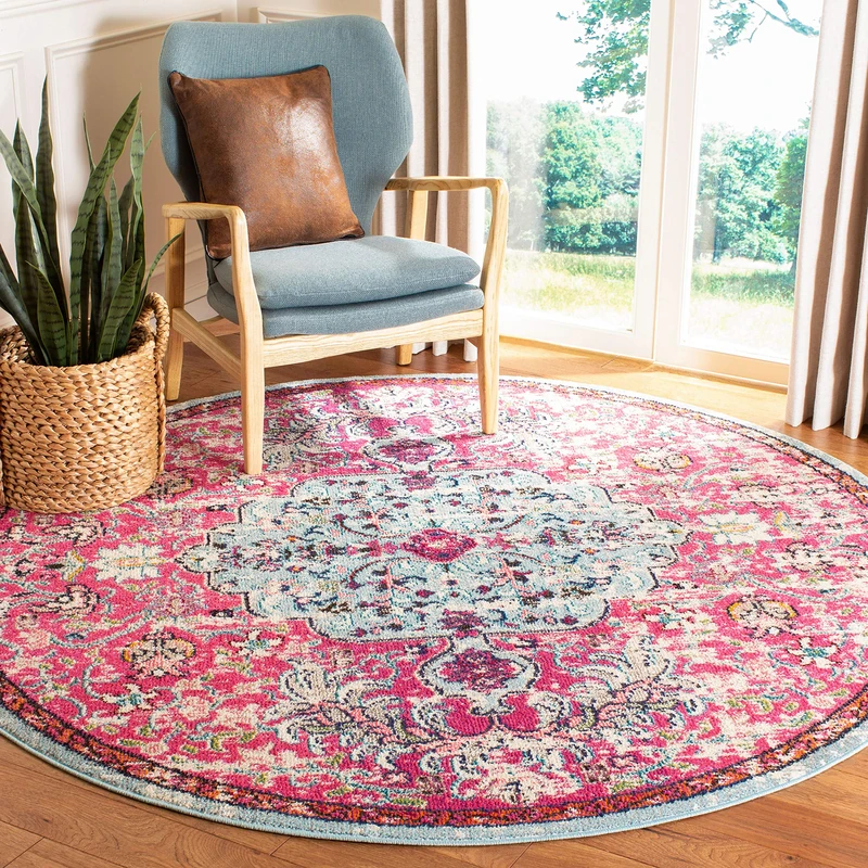 Safavieh Boho Rug for Living Room, Dining Room, Bedroom - Madison Collection, Short Pile, in Fuchsia and Teal, 91 x 91 cm