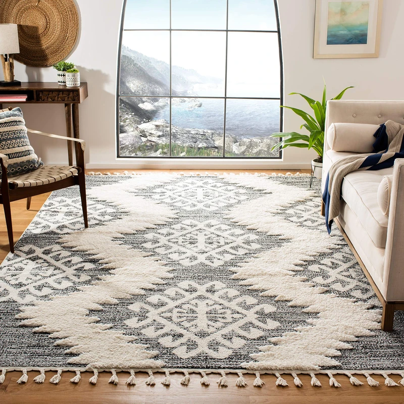 Safavieh Shaggy Indoor Woven Rectangle Area Rug, Moroccan Tassel Shag Collection, MTS652, in Ivory/Grey, 91 x 152 cm for Living Room, Bedroom or Any Indoor Space