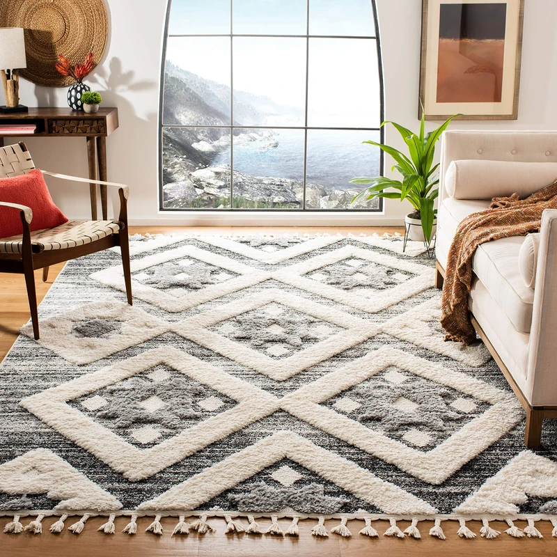 Safavieh Shaggy Indoor Woven Rectangle Area Rug, Moroccan Tassel Shag Collection, MTS664, in Grey/Ivory, 91 x 152 cm for Living Room, Bedroom or Any Indoor Space