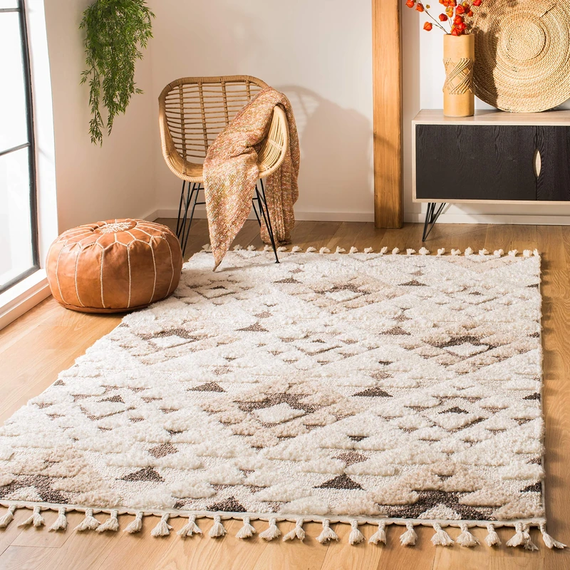 Safavieh Shaggy Indoor Woven Rectangle Area Rug, Moroccan Tassel Shag Collection, MTS688, in Ivory/Brown, 201 x 279 cm for Living Room, Bedroom or Any Indoor Space