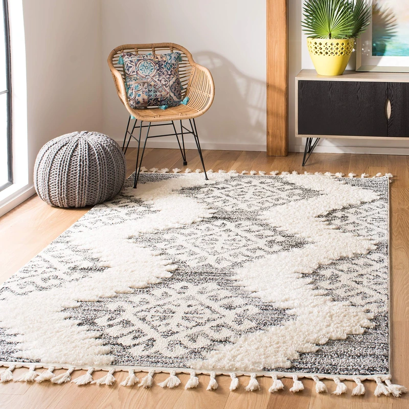 Safavieh Shaggy Rug for Living Room, Dining Room, Bedroom - Moroccan Tassel Shag Collection, Short Pile, in Ivory and Grey, 201 X 279 cm