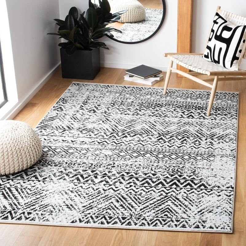 SAFAVIEH Tribal Inspired Rug for Living Room, Dining Room, Bedroom - Mercer Collection, Short Pile, in Ivory and Charcoal, 122 X 183 cm